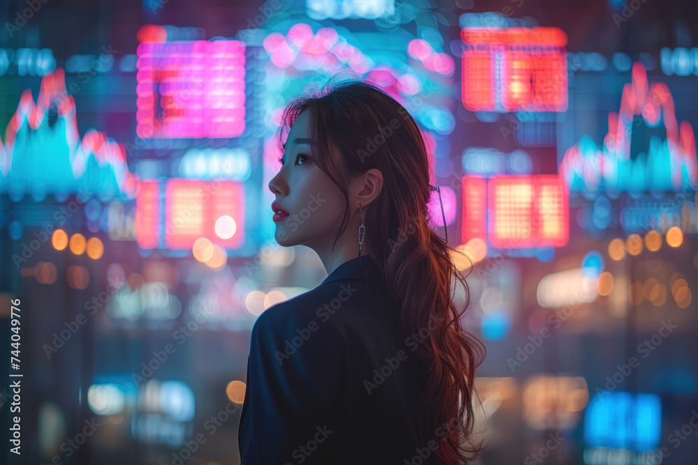 Asian woman trader in suit on the background of huge monitors with charts. Asian woman trader in suit on the background of huge monitors with charts.