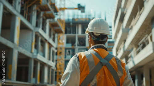 A construction worker gazes at a building site, contemplating the day's work.