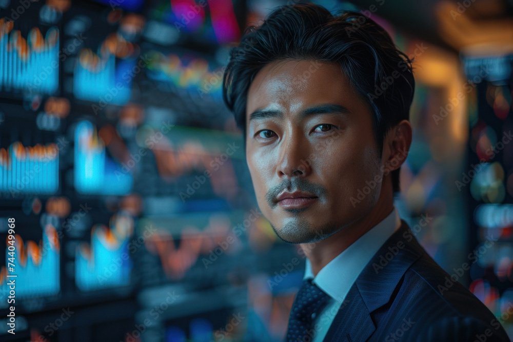Asian man trader in suit on the background of huge monitors with charts. Asian man trader in suit on the background of huge monitors with charts.