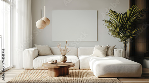 Mockup for wall art, sofa in light beige with plants and lamps