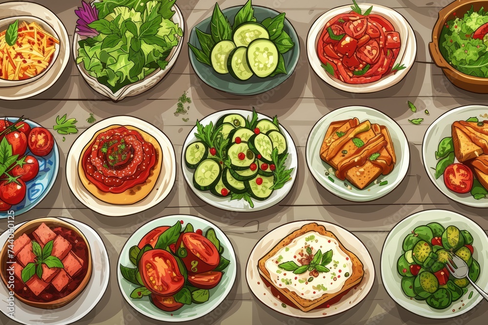 Playful cartoon of meals representing different dietary styles: vegetarian, vegan, Mediterranean, and more. Playful cartoon of meals representing different dietary styles: vegetarian, vegan, Mediterranean, and more.