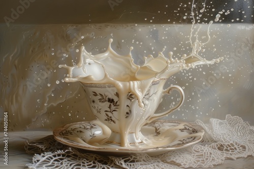 Porcelain teacup on a lace doily in mid overturn, cream pouring out and creating a perfect arc of splash. photo