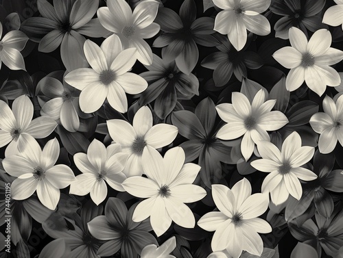 black and white floral elements. Monochrome flowers with curled petals on a black background.