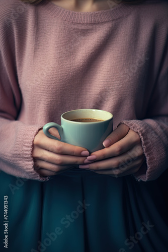 Cropped view of woman dressed in a pink sweater holding a cup of coffee, rose nail polish, in the style of light teal and dark indigo, pastoral charm, light gray and gold, dark purple and light indigo