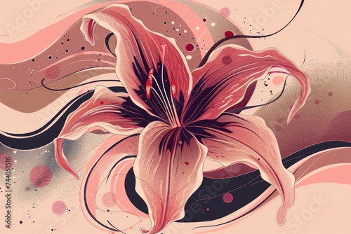 pink flowers blooming on a swirling brown and beige abstract background. Swirling patterns and curves envelop the flowers, a mixture of brown and beige tones