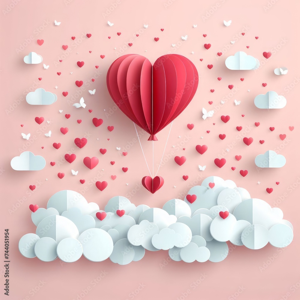 A paper-crafted depiction of a heart-shaped balloon gracefully in flight, dispersing a collection of smaller hearts into the sky, embodying the essence of origami and Valentine's Day.