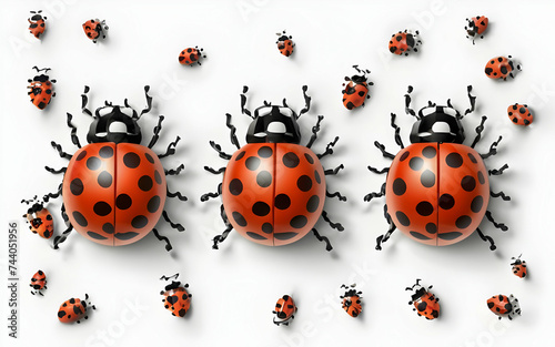 Circle Row of Multicolor Realistic Beautiful Ladybirds. 3d Rendering isolated on white Background