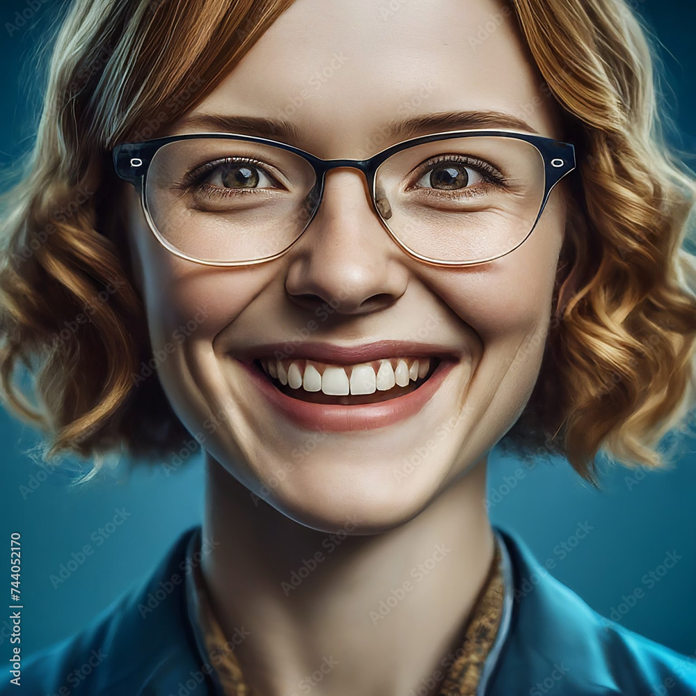 Closeup portrait of a beaming young Caucasian woman, perhaps in her thirties, with eyeglasses and a joyful facial expression Closeup portrait of a beaming young Caucasian woman, perhaps in her thirties, with eyeglasses and a joyful facial expression
