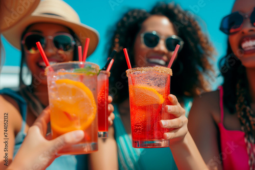  A group of happy smiling friends drinking cocktails at a summer party, outdoor vacation together.