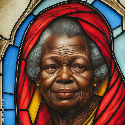 Closeup of a stained glass window with the beatific face of an elderly black woman in the center, for motifs of saintliness and veneration