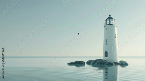 Serene white lighthouse standing tall against a clear sky, guiding ships safely to shore in the calm waters below.