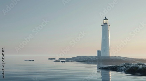Serene white lighthouse standing tall against a clear sky, guiding ships safely to shore in the calm waters below.