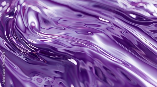 close-up of the mesmerizing movement of the bright purple liquid. As it swirls and blends, it creates abstract patterns with a glossy, smooth texture. 