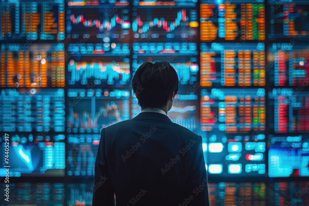 Asian man trader in suit on the background of huge monitors with charts. Asian man trader in suit on the background of huge monitors with charts.