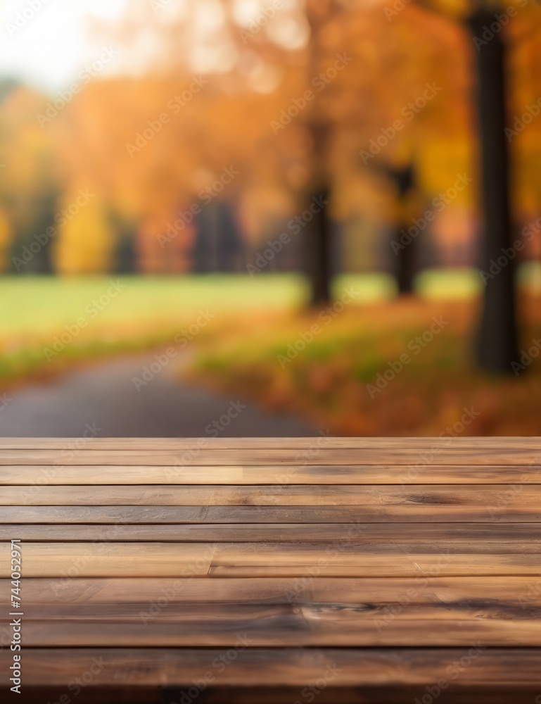 A wooden table, void of any objects, set against a blurred background depicting the vibrant and lively atmosphere of autumn. The exuberant image captures the essence of the season A wooden table, void of any objects, set against a blurred background depicting the vibrant and lively atmosphere of autumn. The exuberant image captures the essence of the season