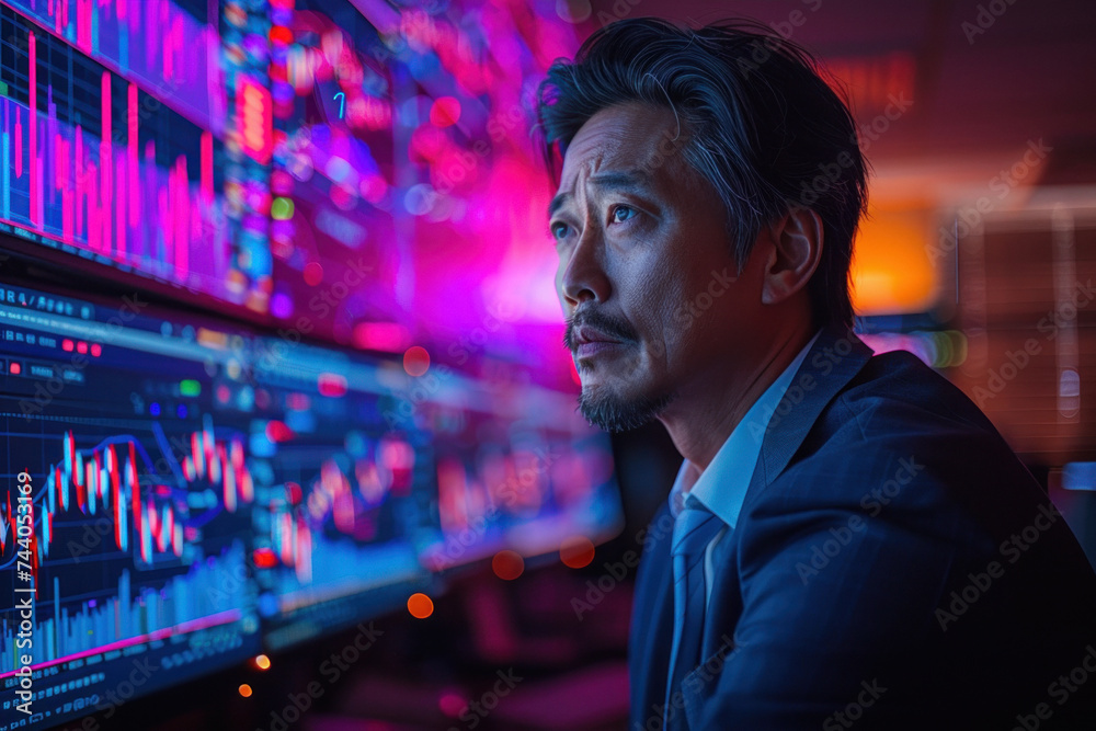 Asian man trader in suit on the background of huge monitors with charts. Asian man trader in suit on the background of huge monitors with charts.