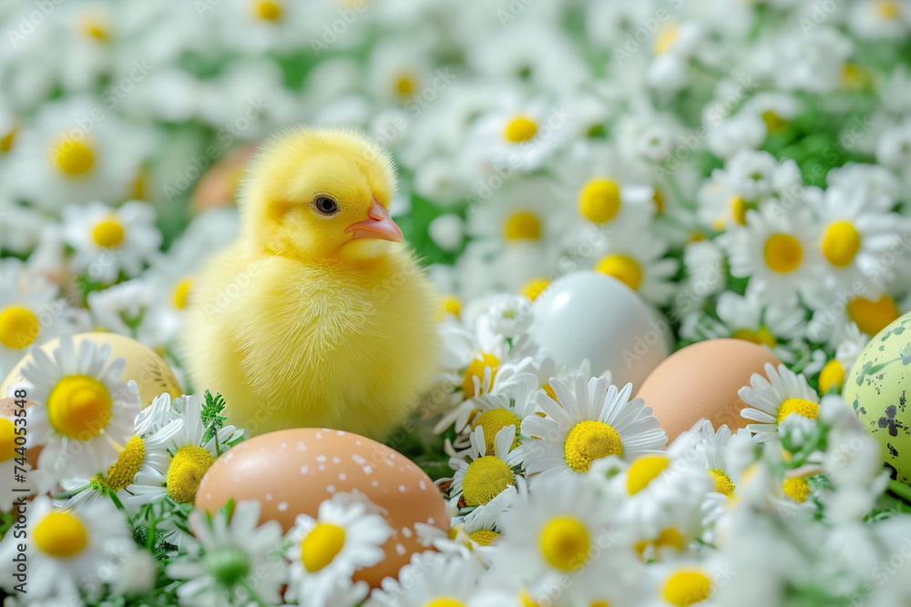 Yellow chick among chamomile and Easter eggs symbolizes new life, springtime. Perfect for festive themes and family-oriented content.