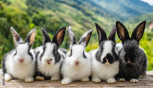 a group cute black and white rabbits with spots