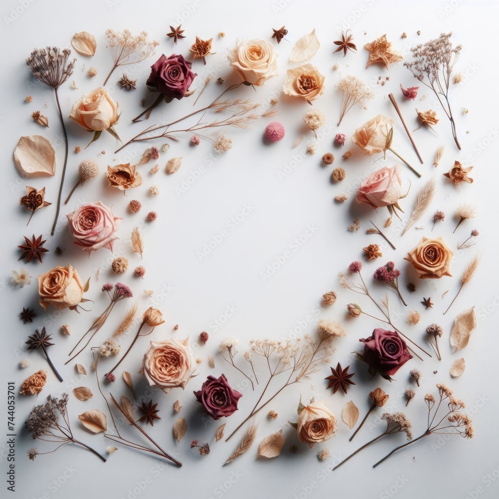 A floral composition featuring a frame made of dried rose flowers, elegantly arranged on a white background. This flat lay, top view design provides ample copy space