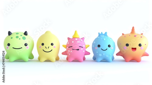 3D rendering of a group of five cute and colorful alien creatures. The creatures have simple  childlike features and are all smiling.