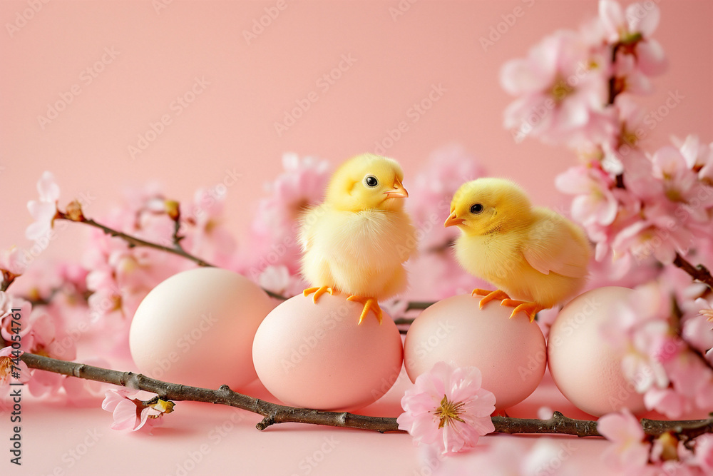 Two chicks on soft color eggs with cherry blossoms springtime, warmth, soft pink hues. Perfect for festive greetings and spring concepts. Two chicks on soft color eggs with cherry blossoms springtime, warmth, soft pink hues. Perfect for festive greetings and spring concepts.