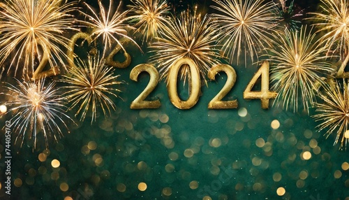 silvester sylvester 2024 new year new year s eve party background banner panorama illustration abstract gold firework fireworks on dark green texture with bokeh lights