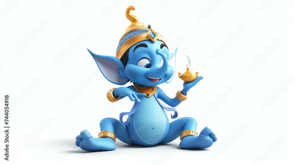 Cute blue cartoon elephant sitting on the floor with a golden genie lamp in his trunk. The elephant is wearing a golden hat and has big ears. - obrazy, fototapety, plakaty 