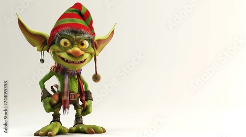 This is an image of a 3D rendering of a green goblin. It has pointy ears, a red and green striped hat, and a sly expression on its face.