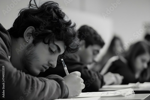 Young adults concentrating in a classroom during an exam assignment in progress. Concept Exams, Concentration, Classroom, Young Adults, Education