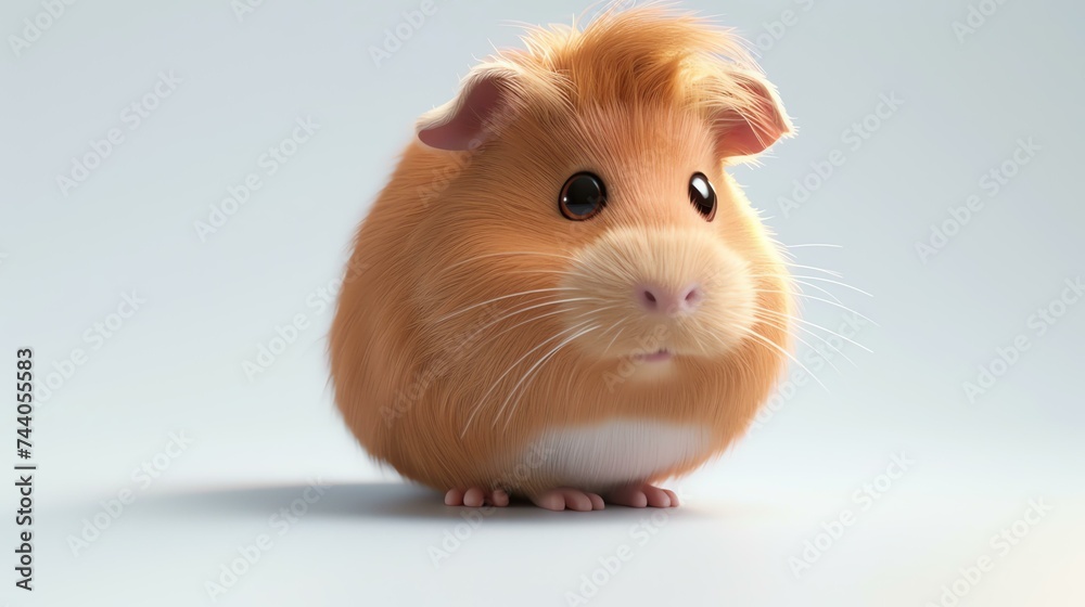 A cute and fluffy guinea pig sits on a white background. The guinea pig has brown and white fur and is looking at the camera with its big, round eyes.