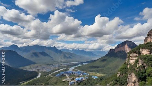 "Explore the breathtaking beauty of the famous Blue Mountains in Lijiang, where the vibrant blue hues of the mountains meet the lush greenery of the surrounding landscape."