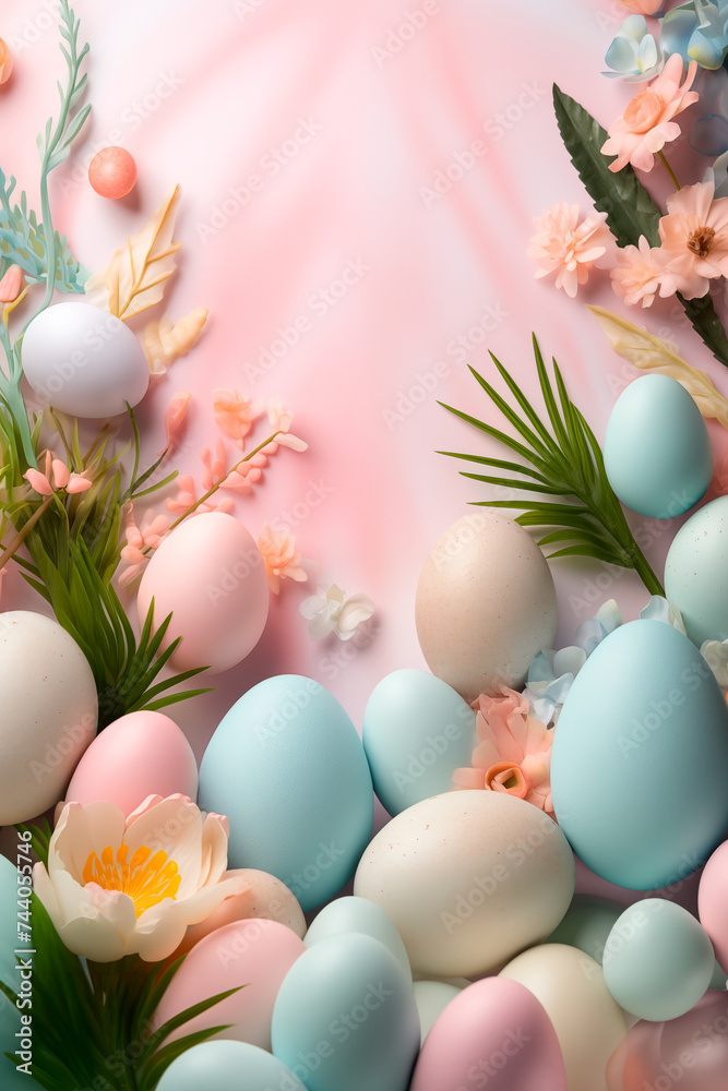 pastel colored Easter background wiht flower and egg decorations	