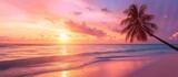 A palm tree stands tall on a sandy beach, against the backdrop of a sunset sky, representing the essence of a tropical beach vacation.