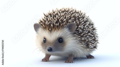 A cute baby hedgehog with big black eyes and a tiny pink nose. It is standing on a white background and looking at the camera.