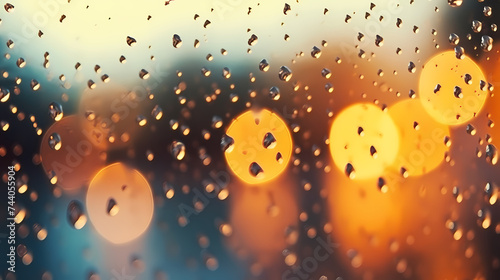 Raindrops on wet window glass with blurred panorama of city in night lights glare and bokeh