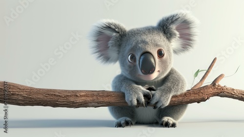 A cute and cuddly koala sits on a branch, looking at the camera with its big, round eyes. photo