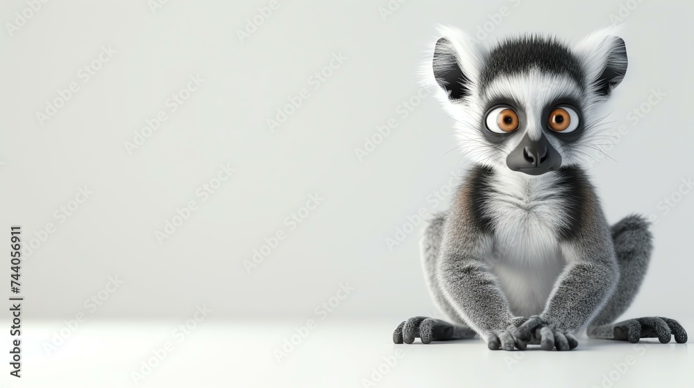A cute and curious lemur sits on a white background, looking at the camera with its big, round eyes.