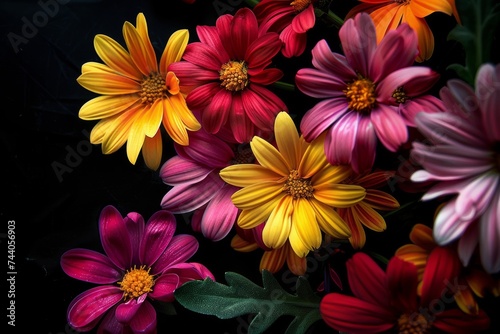 Vibrant Floral Explosion - A colorful array of illustrated flowers and swirls on a dark background © Avve Diana