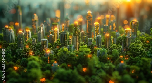 A bustling metropolis where nature and urban life coexist, as towering skyscrapers and lush greenery create a harmonious contrast under the warm glow of city lights © Larisa AI