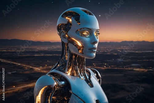 AI Robot demonstrating a blend of humane warmth and AI robotic characteristics, animatable, outlined in wireframe design, possessing a dynamic mouth. Cyborg. photo