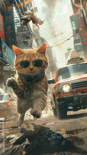 A cat in sunglasses leads in a car race with a competitive dog sprinting close behind through a bustling cityscape
