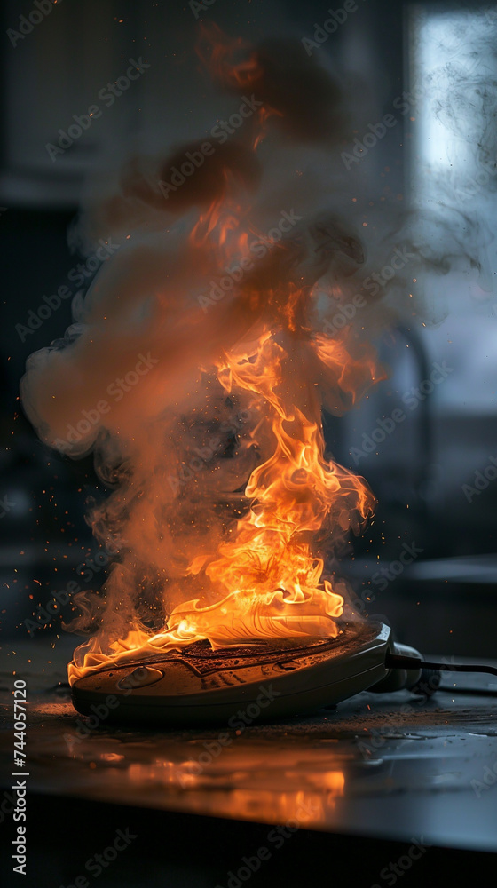A dramatic scene of a fire starting from an iron with smoke rising highlighting the urgency of fire prevention A dramatic scene of a fire starting from an iron with smoke rising highlighting the urgency of fire prevention