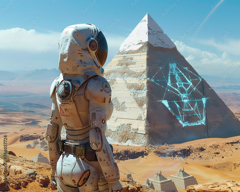An alien architect overseeing the pyramid construction using ...