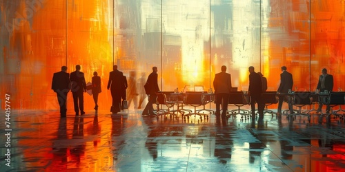 A painting of a group of people, their silhouettes reflected in the polished floor as they walk among tables and chairs, each lost in their own artistic thoughts