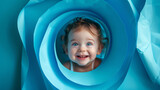 Cheerful toddler peering through a circular cut out in bold blue paper laughter in their eyes