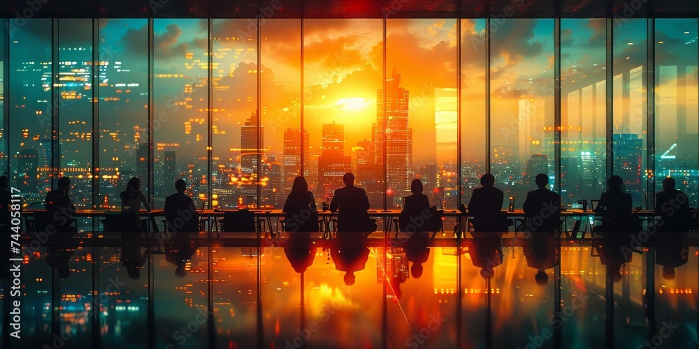 Obraz premium As the sun sets over the city, the group's reflections in the skyscraper's windows mirror their contemplative expressions, surrounded by the shimmering lights and stillness of the night