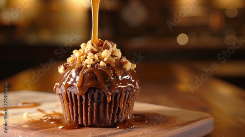 Cupcakes with chocolate caramel, nuts, and butterscotch syrup