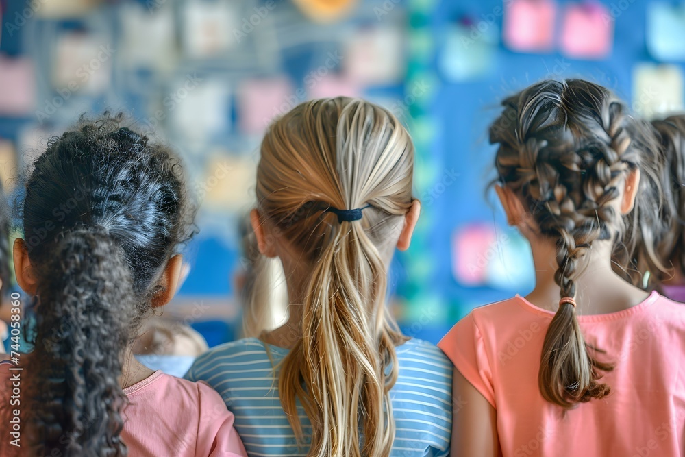 Fototapeta premium Engaged Diverse Kids Learning Together in Classroom From Behind. Concept Diverse Classroom, Student Engagement, Learning Together, Multicultural Education