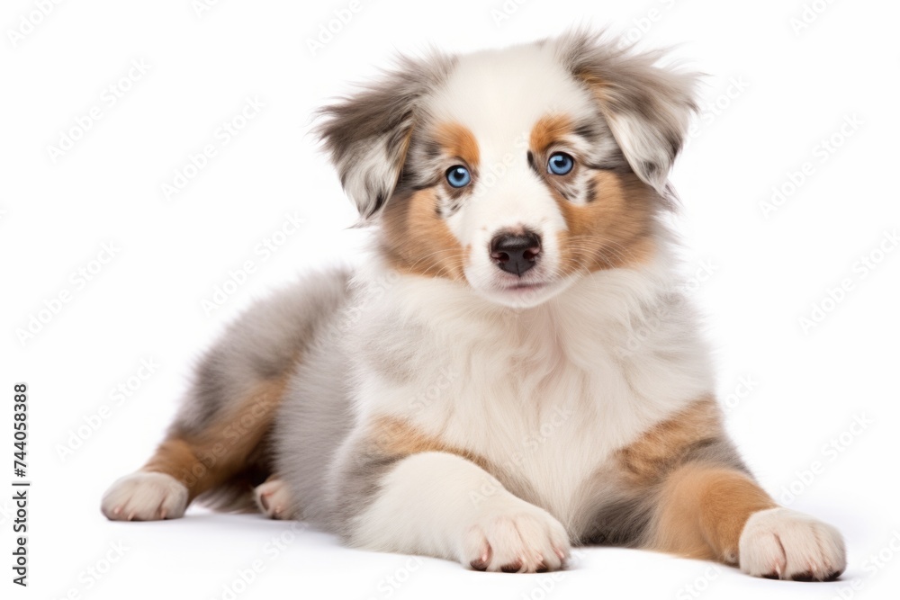 an Australian Shepherd puppy, aussie on a white background. breed of dog. pet.