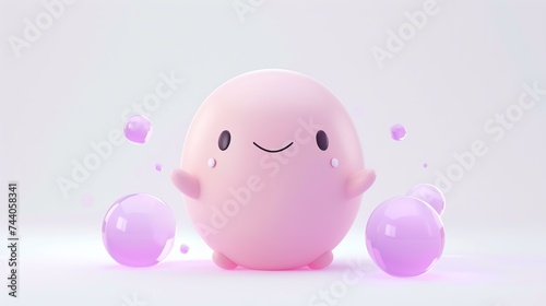 Cute 3D rendered pink blob character with a happy smiling face surrounded by floating translucent pink spheres on a pale pink background.